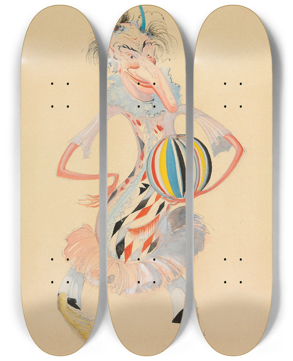 Triptych art skateboard deck of Sergey Chekhonin Costume Design For A Jester_2 by Sergey Chekhonin (1878-1936)