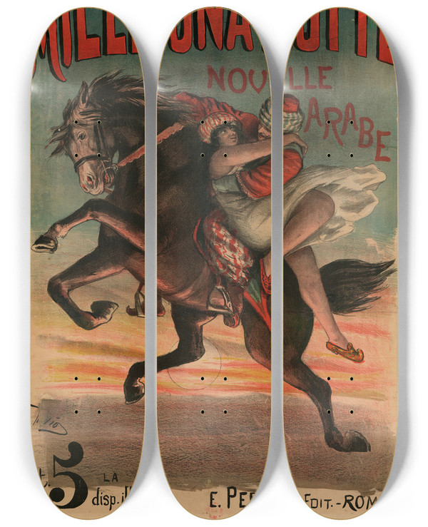Triptych art skateboard deck of Ottavio Rodella Tavio Mille E Una Notte Novelle Arabe by Ottavio Rodella Tavio (1864-1910)