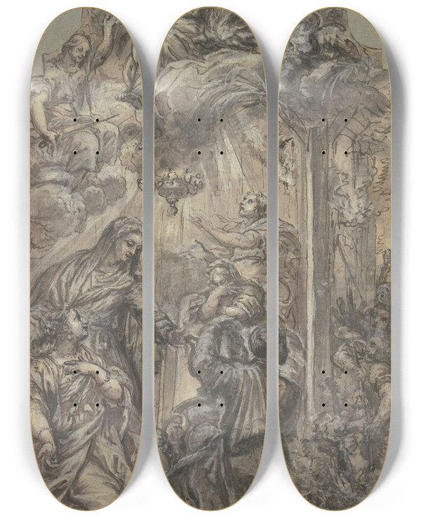 Triptych art skateboard deck of Lazzaro Baldi Martyrium Eines Jesuiten by Lazzaro Baldi (1622-1703)
