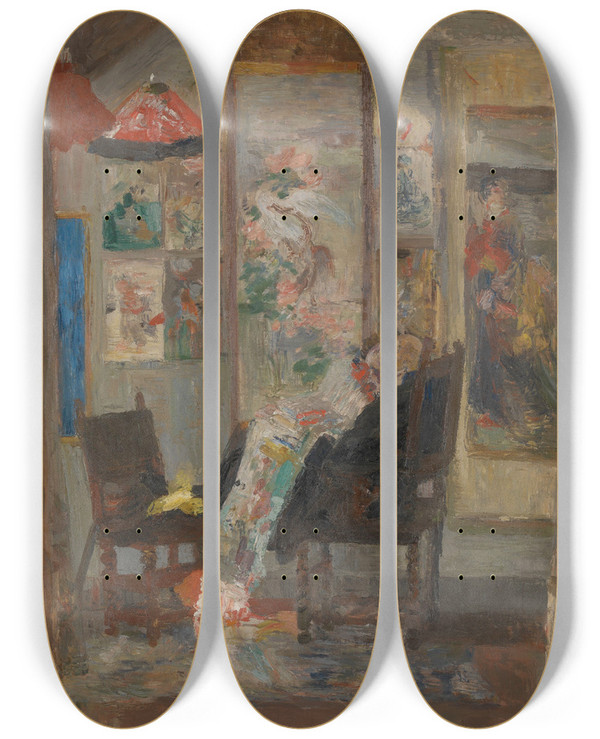 Triptych art skateboard deck of James Ensor Skeleton Looking At Chinoiseries by James Ensor (1860-1949)