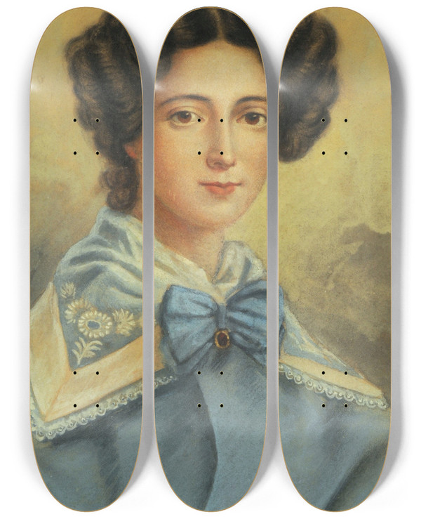 Triptych art skateboard deck of Adolfo Dhastrel Portea Vestida De Celeste by Adolfo d'Hastrel