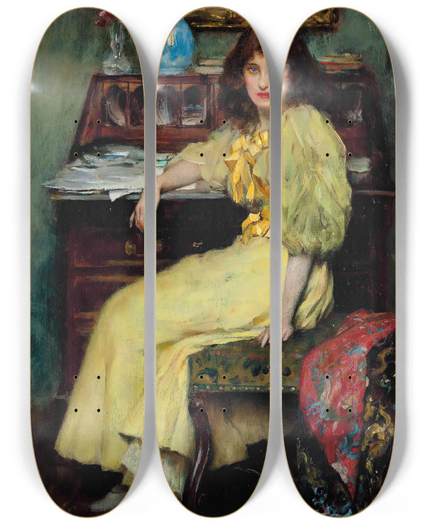 Triptych art skateboard deck of William Breakspeare A Difficult Letter by William Breakspeare (1856-1914)