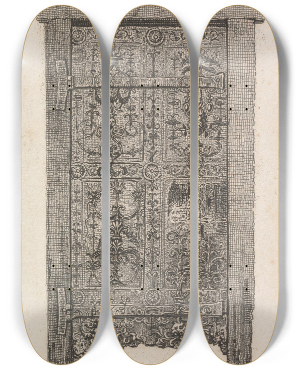 Triptych art skateboard deck of John Thomas Smith Oak Door Discovered In The Speakers State Dining Room by John Thomas Smith (1766-1833)