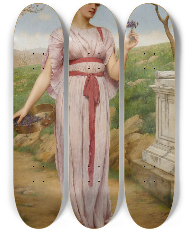 Triptych art skateboard deck of John William Godward The Posy by John William Godward (1861-1922)