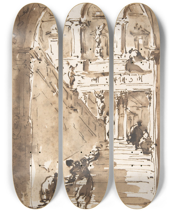 Triptych art skateboard deck of Francesco Guardi Architectural Fantasy Figures On A Grand Staircase_1 by Francesco Guardi (1712-1793)