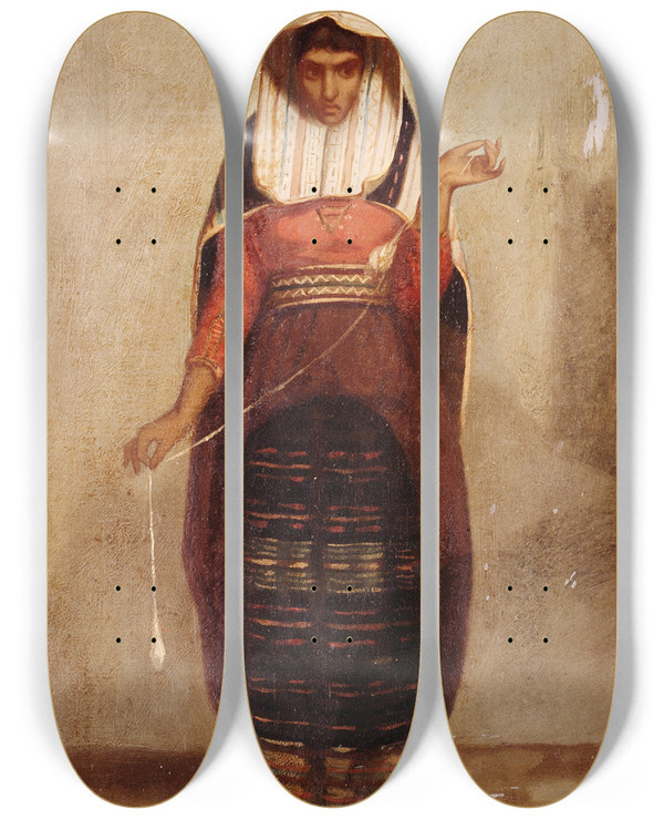 Triptych art skateboard deck of Francisco Laso The Spinner by Francisco Laso (1823-1869)
