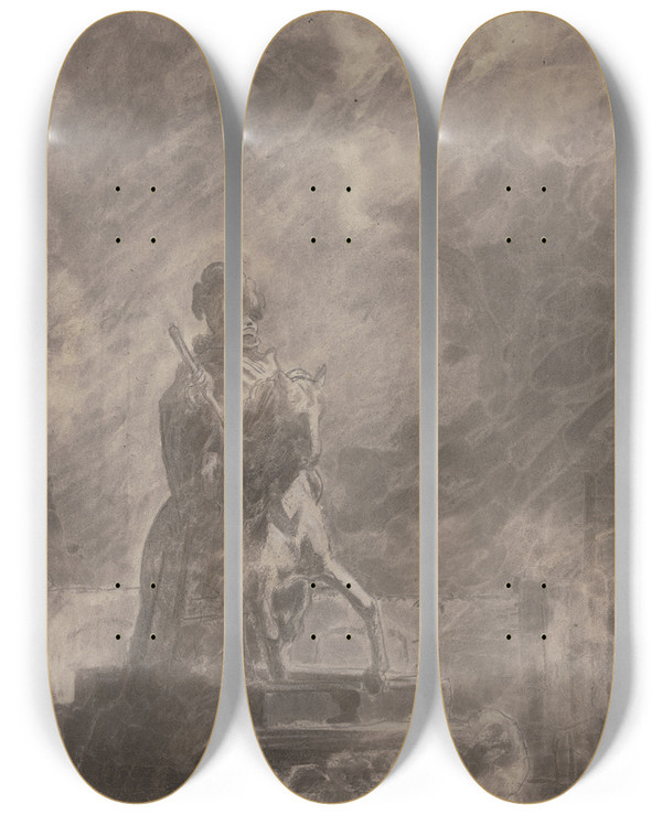 Triptych art skateboard deck of Carl Spitzweg Equestrian Monument by Carl Spitzweg (1808-1880)