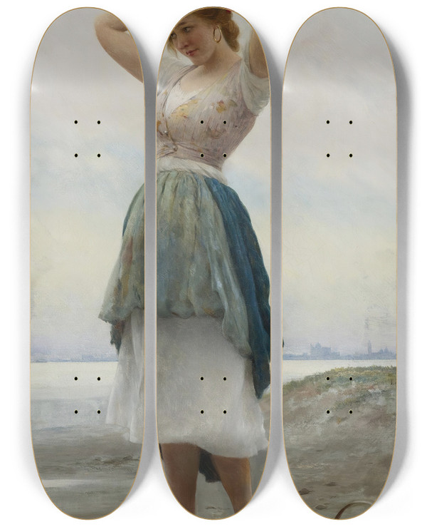 Triptych art skateboard deck of Eugen Von Blaas On The Beach by Eugen Von Blaas (1843-1931)