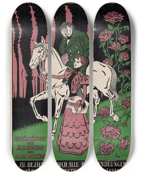 Triptych art skateboard deck of Thomas Theodor Heine Werbeplakat Fr Die Zeitschrift Die Gesellschaft by Thomas Theodor Heine (1867-1867)