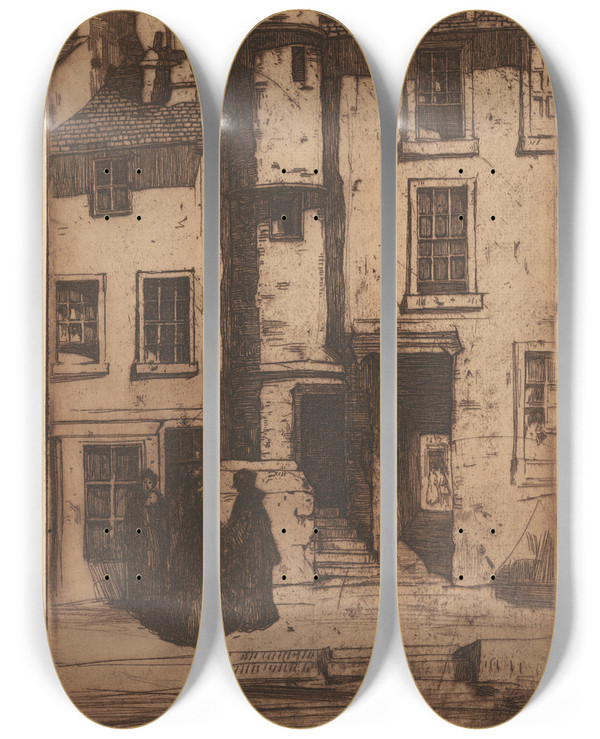 Triptych art skateboard deck of David Young Cameron Old Houses Stirling by David Young Cameron (1865-1945)