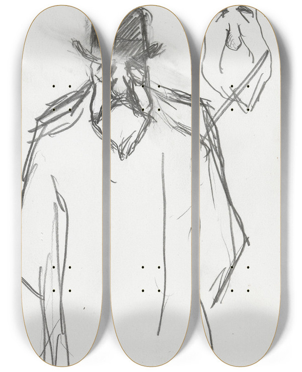 Triptych art skateboard deck of Ludvig Karsten Mann Med Hatt Og Frakk Hode by Ludvig Karsten (1876-1926)