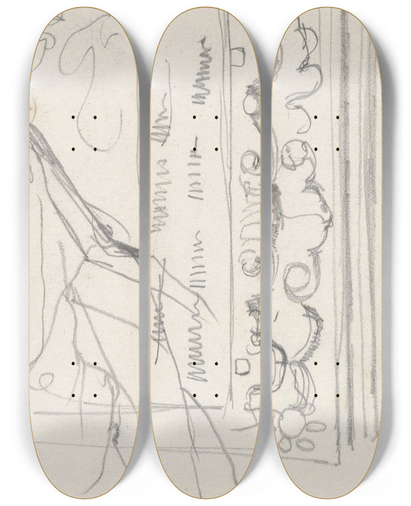 Triptych art skateboard deck of August Alleb Schetsblad Met Ornamentstudies by August Allebe (1838-1927)
