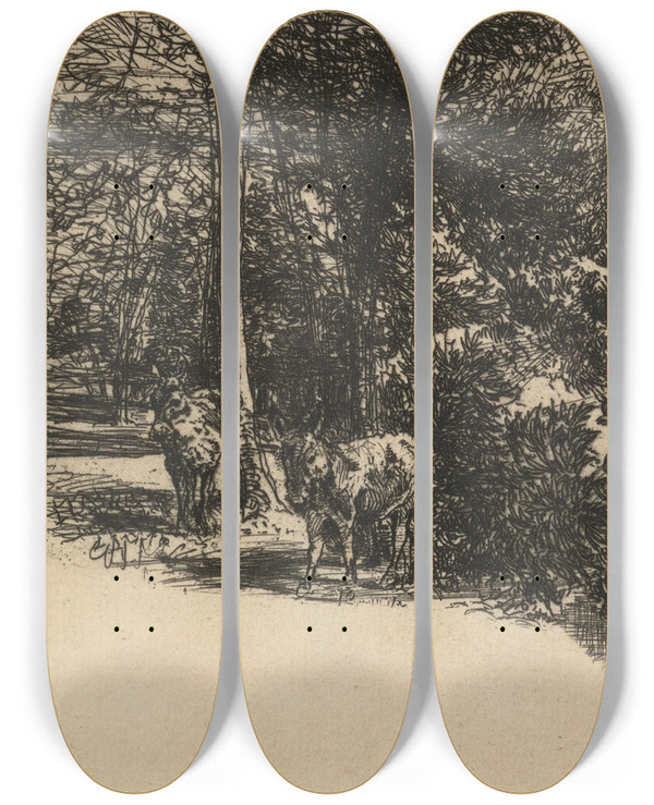 Triptych art skateboard deck of Francis Seymour Haden The Two Asses_1 by Francis Seymour Haden (1818-1910)