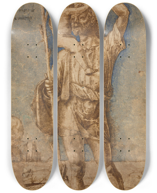Triptych art skateboard deck of Andrea Mantegna Saint Christopher by Andrea Mantegna (1431-1506)