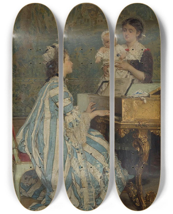 Triptych art skateboard deck of Gerolamo Induno Babys Delight by Gerolamo Induno (1825-1890)