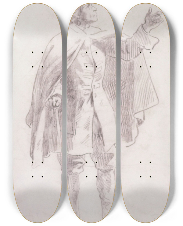 Triptych art skateboard deck of Hippolyte Bellang Un Officier by Hippolyte Bellange (1800-1866)