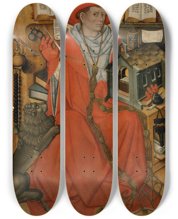Triptych art skateboard deck of Jaume Ferrer Saint Jerome In His Study by Jaume Ferrer (1430-1461)