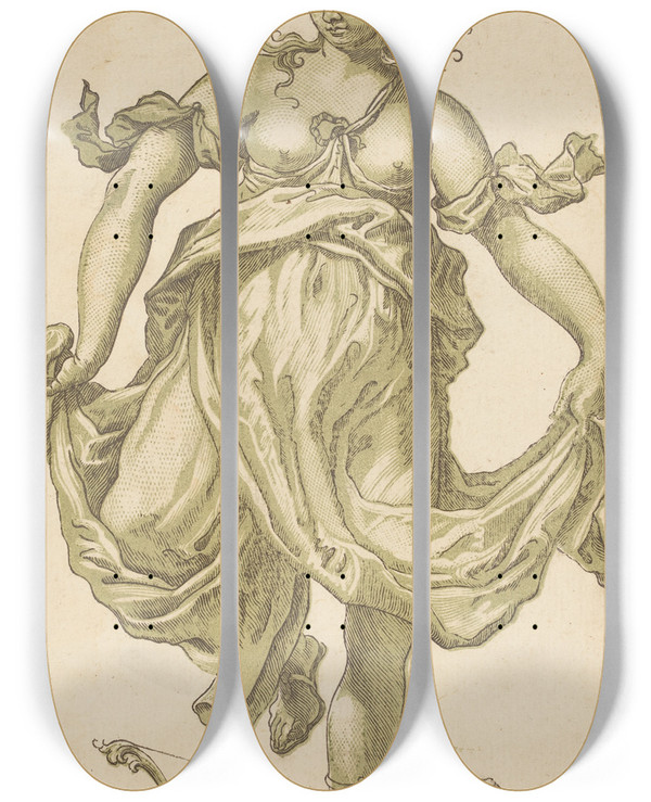 Triptych art skateboard deck of John Baptist Jackson Dancing Nymph With Bow And Arrows by John Baptist Jackson (1701-1780)