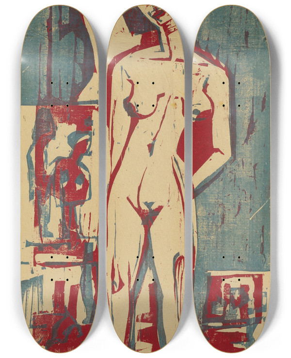 Triptych art skateboard deck of Ernst Ludwig Kirchner Nackte Lena by Ernst Ludwig Kirchner (1880-1938)