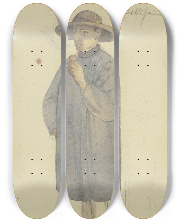 Triptych art skateboard deck of Jakob Becker Man With Hat by Jakob Becker (1810-1872)