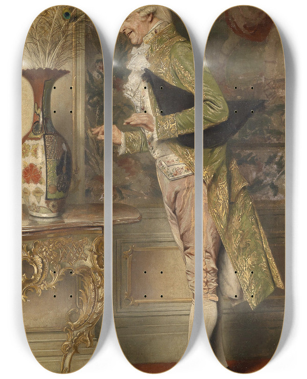 Triptych art skateboard deck of Max Volkhart Der Kavalier by Max Volkhart (1848-1935)
