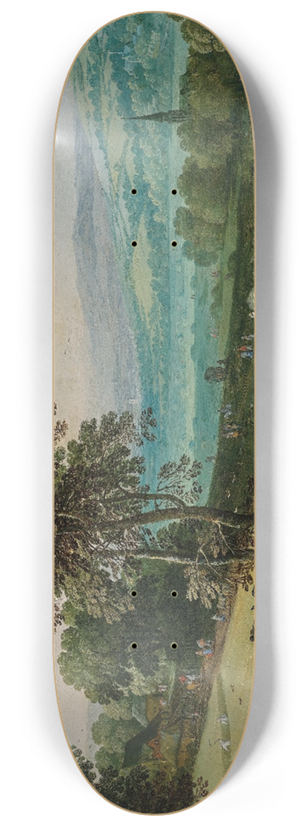 Jan Brueghel The Elder - An extensive wooded landscape with travellers on a path and the corn harvest in the foreground 8.25 inch art skate deck