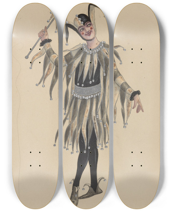 Triptych art skateboard deck of Will R Barnes Jester by Will R Barnes (1939)