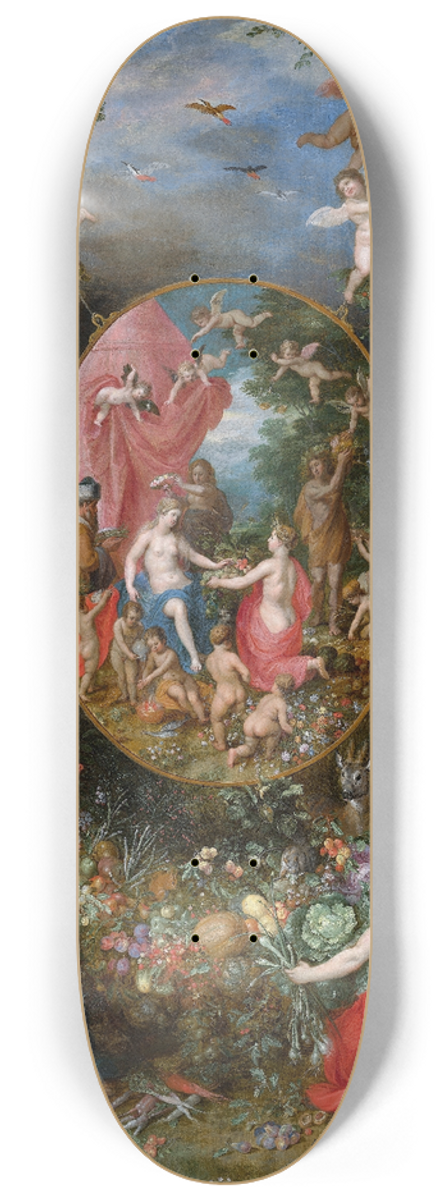 Jan Brueghel The Elder - Garland of Fruit Surrounding a Depiction of Cybele Receiving Gifts From Personifications of The Four Seasons 8.25 inch art skate deck