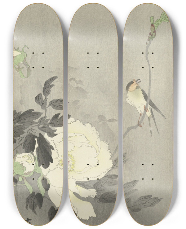 Triptych art skateboard deck of Ohara Koson Swallow With Peony by Ohara Koson (1877-1945)