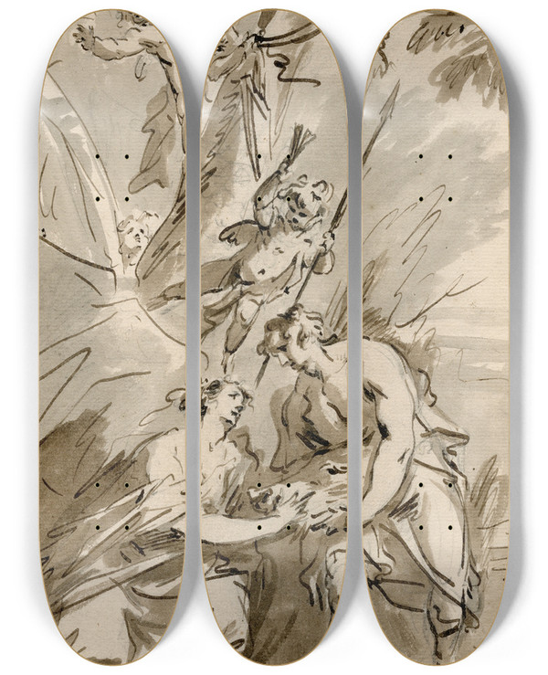 Triptych art skateboard deck of Jacob De Wit Meleager En Atalanta by Jacob de Wit (1695-1754)