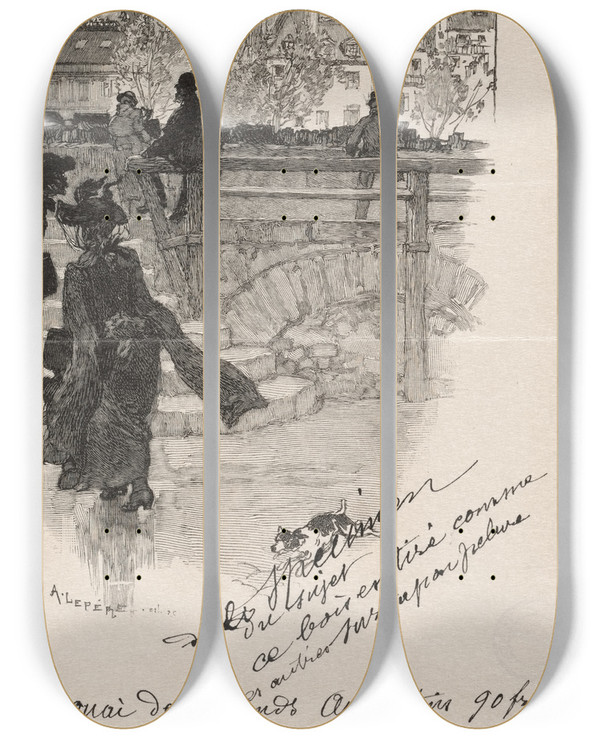 Triptych art skateboard deck of Auguste Louis Lepre Quai Des Grands Augustins by Auguste Louis Lepere (1849-1918)