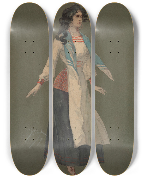 Triptych art skateboard deck of Pipein Gamba Santuzza by Pipein Gamba (1868-1954)