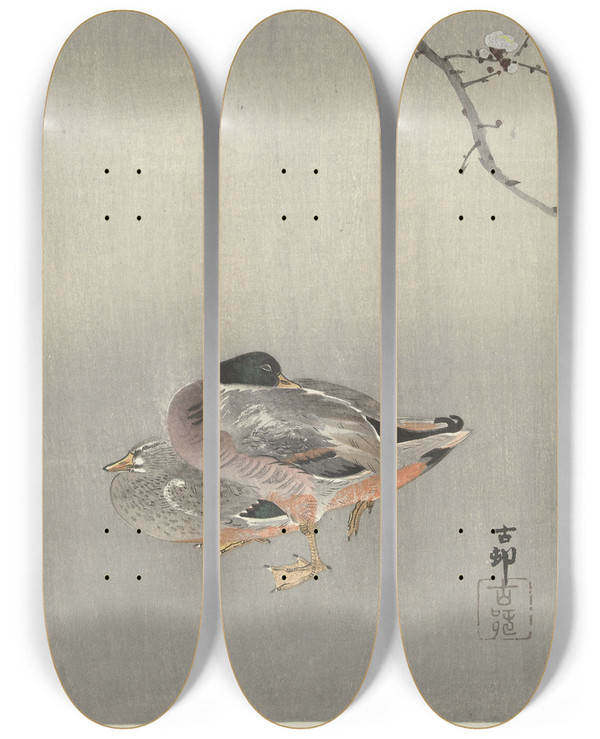 Triptych art skateboard deck of Ohara Koson Ducks At Full Moon by Ohara Koson (1877-1945)