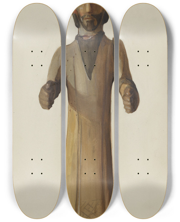 Triptych art skateboard deck of Carl Obergh Bulto Saint With Hands Extended by Carl Obergh