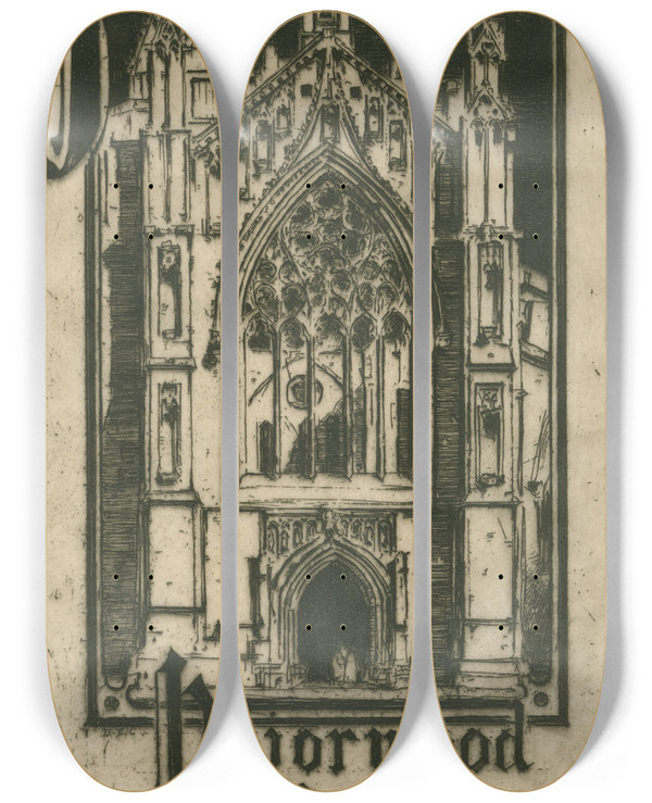 Triptych art skateboard deck of David Young Cameron Bookplate For James Curle by David Young Cameron (1865-1945)