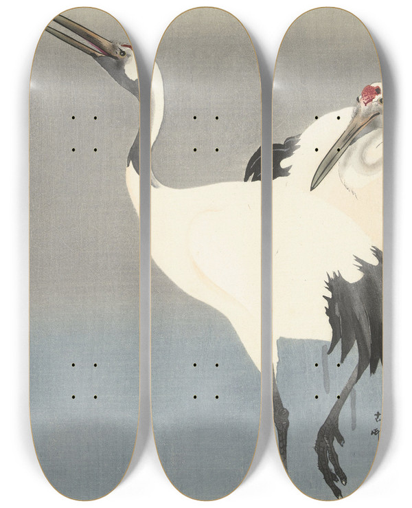 Triptych art skateboard deck of Ohara Koson Two Cranes_1 by Ohara Koson (1877-1945)
