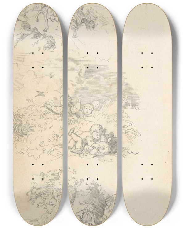 Triptych art skateboard deck of Adrian Ludwig Richter Three Designs For Book Illustrations by Adrian Ludwig Richter (1803-1884)