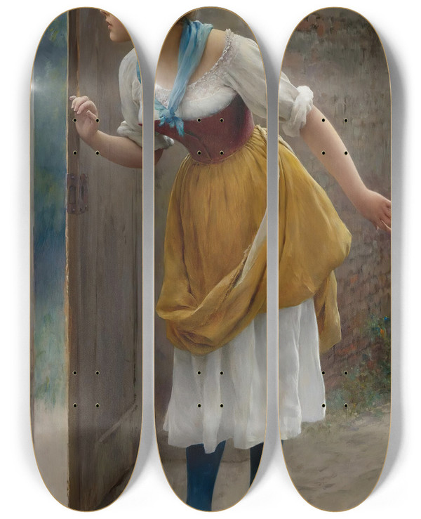 Triptych art skateboard deck of Eugen Von Blaas The Eavesdropper by Eugen Von Blaas (1843-1931)