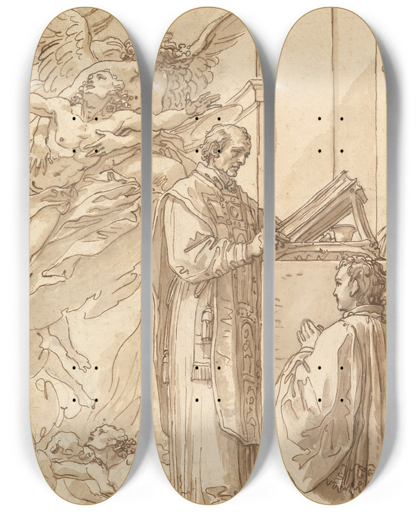 Triptych art skateboard deck of Giuseppe Cades Blessed Francis Venimbeni Celebrating Mass For Souls In Purgatory by Giuseppe Cades (1750-1799)