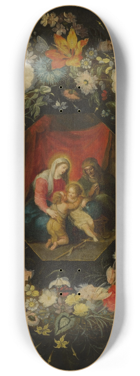 Jan Brueghel the Younger - Madonna and Child with St. Anne and St. John the Baptist, surrounded by a flower garland 8.25 inch art skate deck