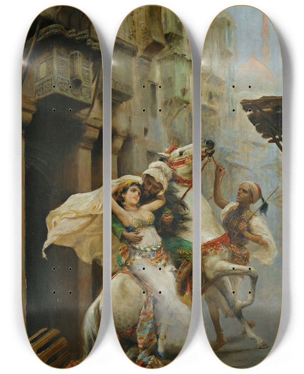 Triptych art skateboard deck of Fabio Fabbi Swept Off Her Feet by Fabio Fabbi (1861-1946)