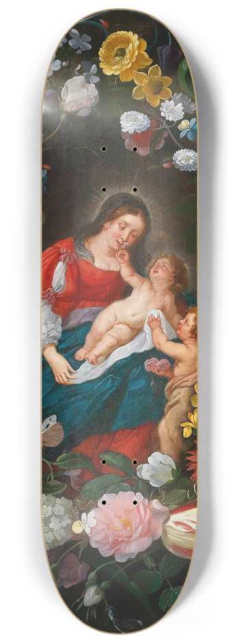 Jan Brueghel the Younger - The Virgin and Child with the Infant Saint John the Baptist surrounded by a garland of flowers 8.25 inch art skate deck
