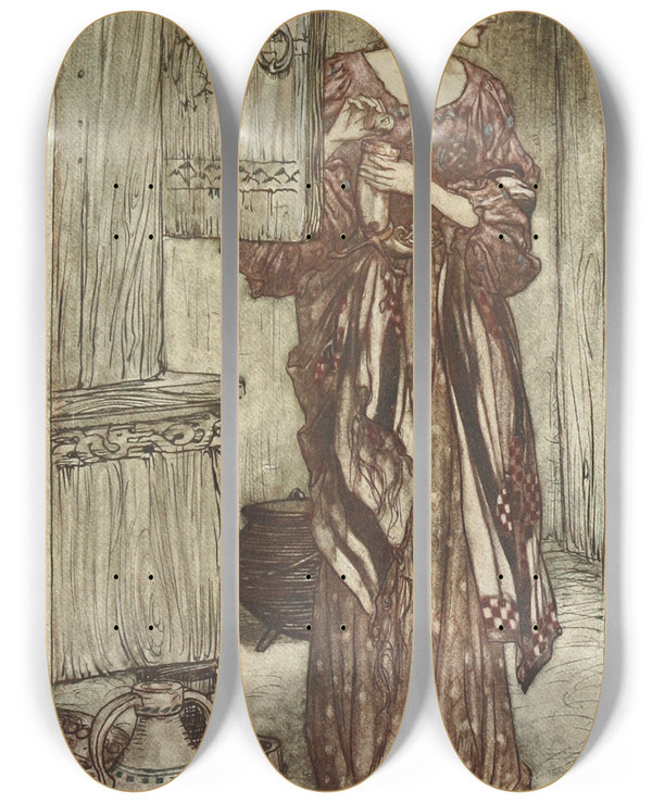 Triptych art skateboard deck of Arthur Rackham Sieglinde Prepares Hundings Draught For The Night by Arthur Rackham (1867-1939)