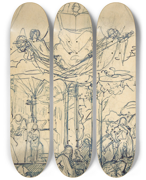 Triptych art skateboard deck of Henri Lehmann Composition Study With Figures Distributing Bread by Henri Lehmann (1814-1882)