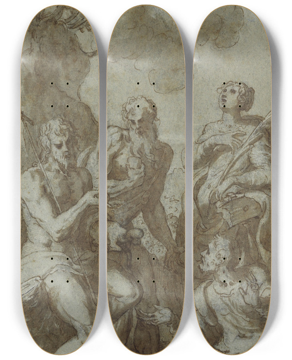 Triptych art skateboard deck of Giuseppe Porta Christ The Saviour Above Saints John The Baptist Jerome Catherine And Thomas by Giuseppe Porta (1520-1575)