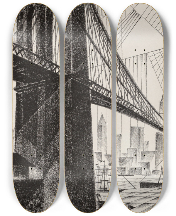 Triptych art skateboard deck of Arnold Ronnebeck Brooklyn Bridge by Arnold Ronnebeck (1885-1947)
