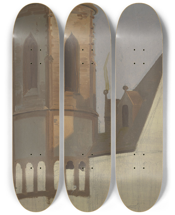 Triptych art skateboard deck of Jakob Becker Chorflankenturm Einer Romanischen Kirche_2 by Jakob Becker (1810-1872)