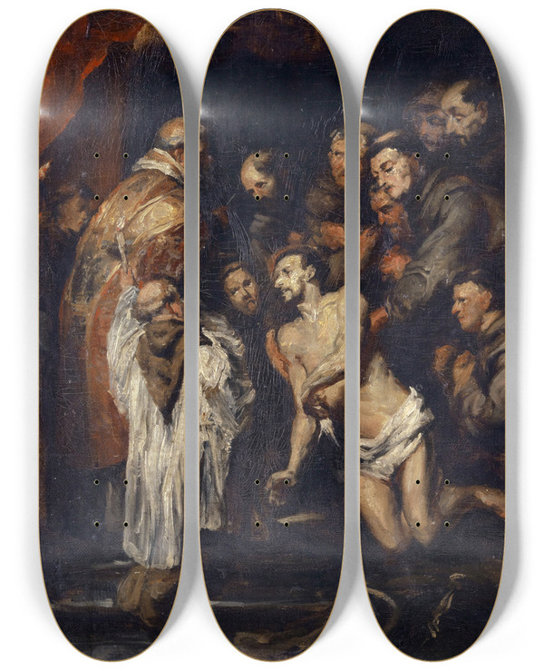 Triptych art skateboard deck of Frank Buchser Last Communion Of Saint Francis by Frank Buchser (1828-1890)