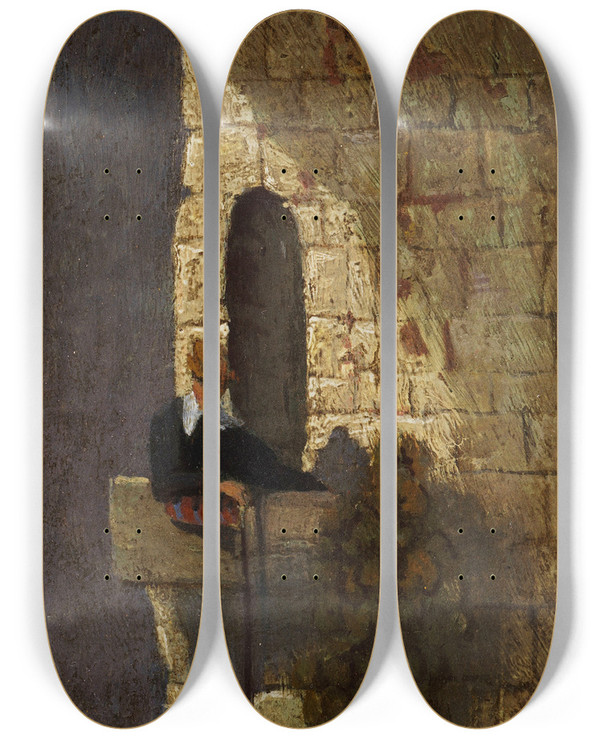 Triptych art skateboard deck of Carl Spitzweg Der Student Im Karzer by Carl Spitzweg (1808-1880)
