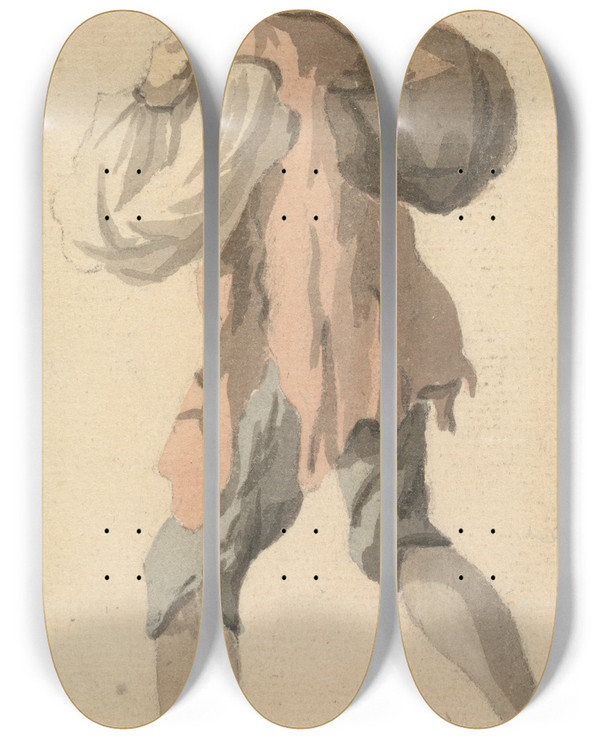 Triptych art skateboard deck of William Marlow Man Carrying Bundle On His Back by William Marlow (1740-1813)